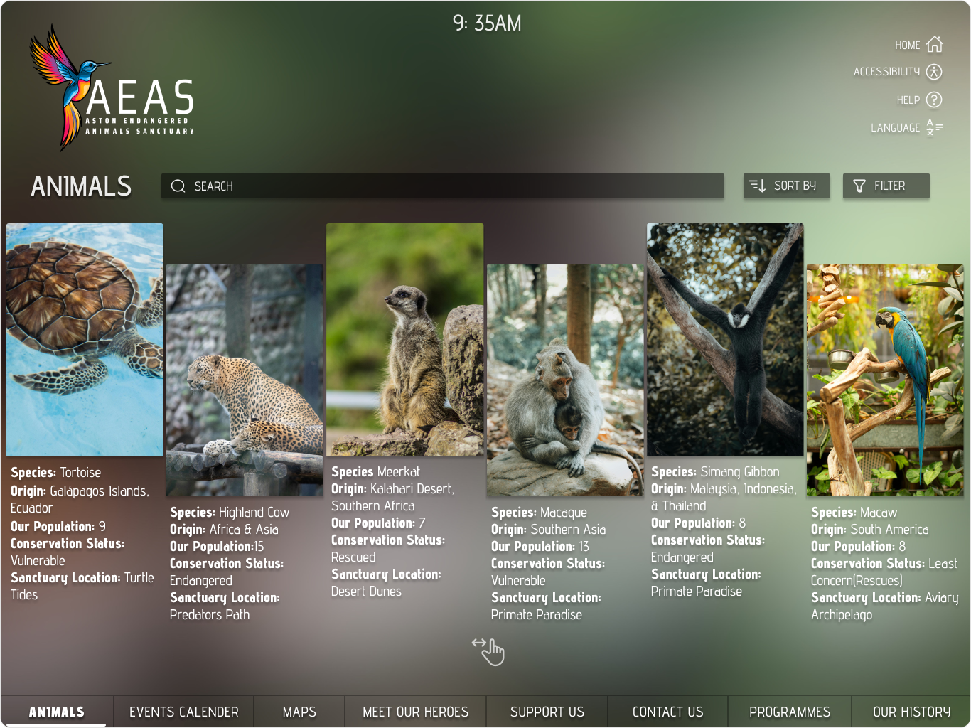 Animals directory screen with species cards, filters, and search for the sanctuary kiosk