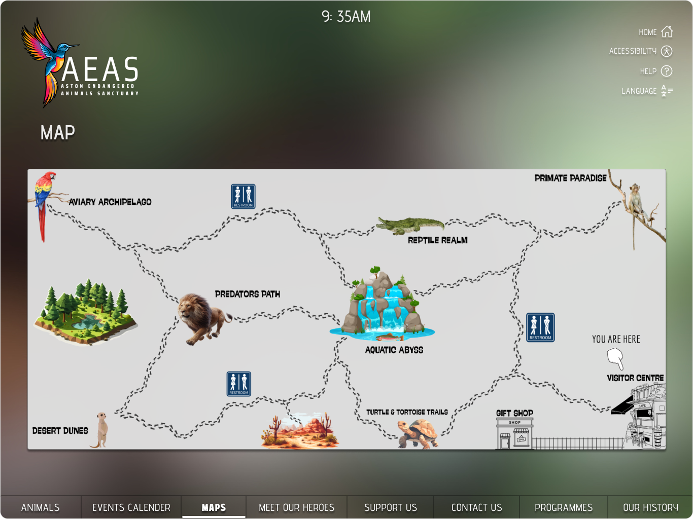 Illustrated sanctuary map with themed zones and visitor navigation labels