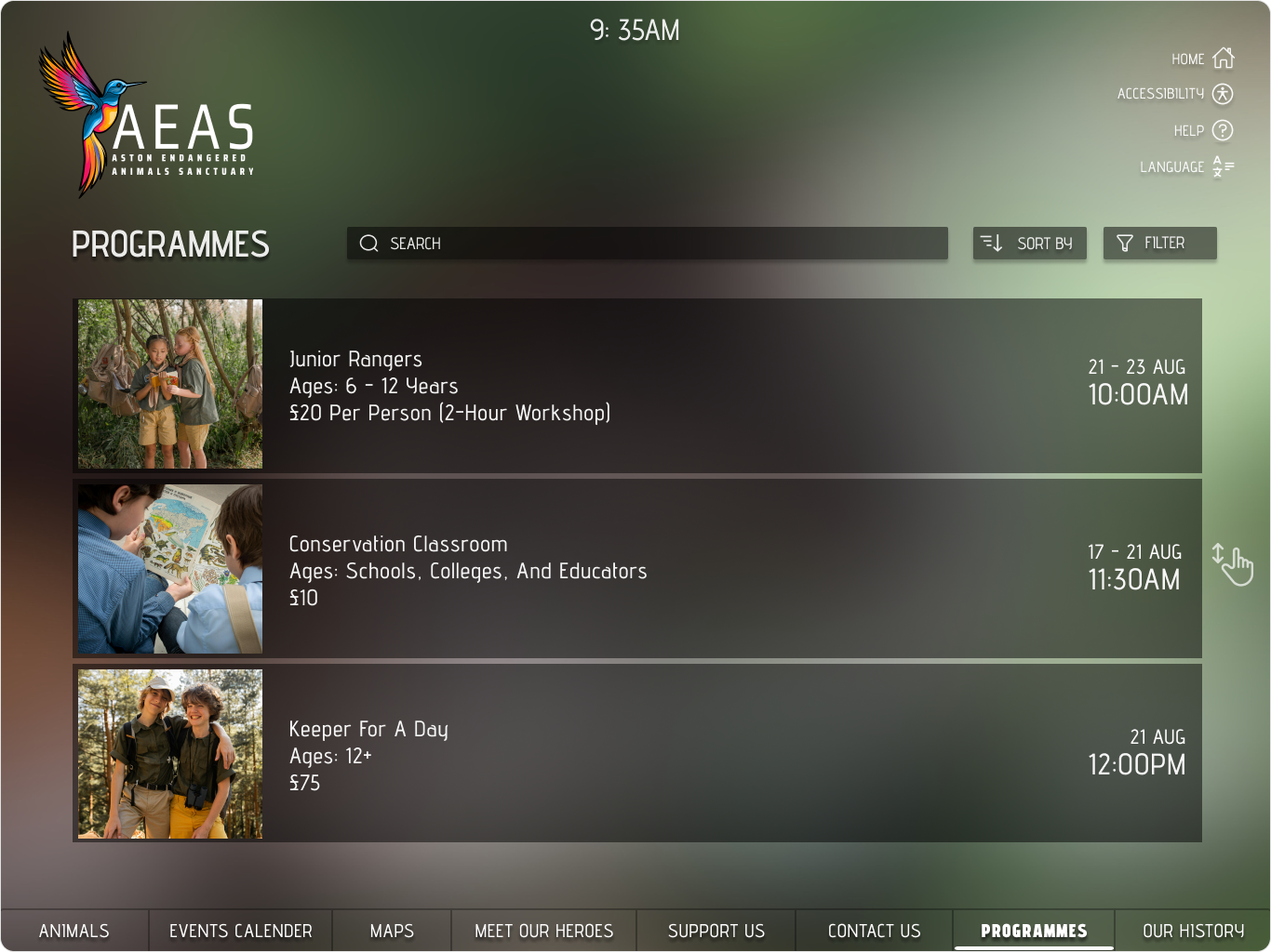 Programmes directory listing learning sessions and booking times