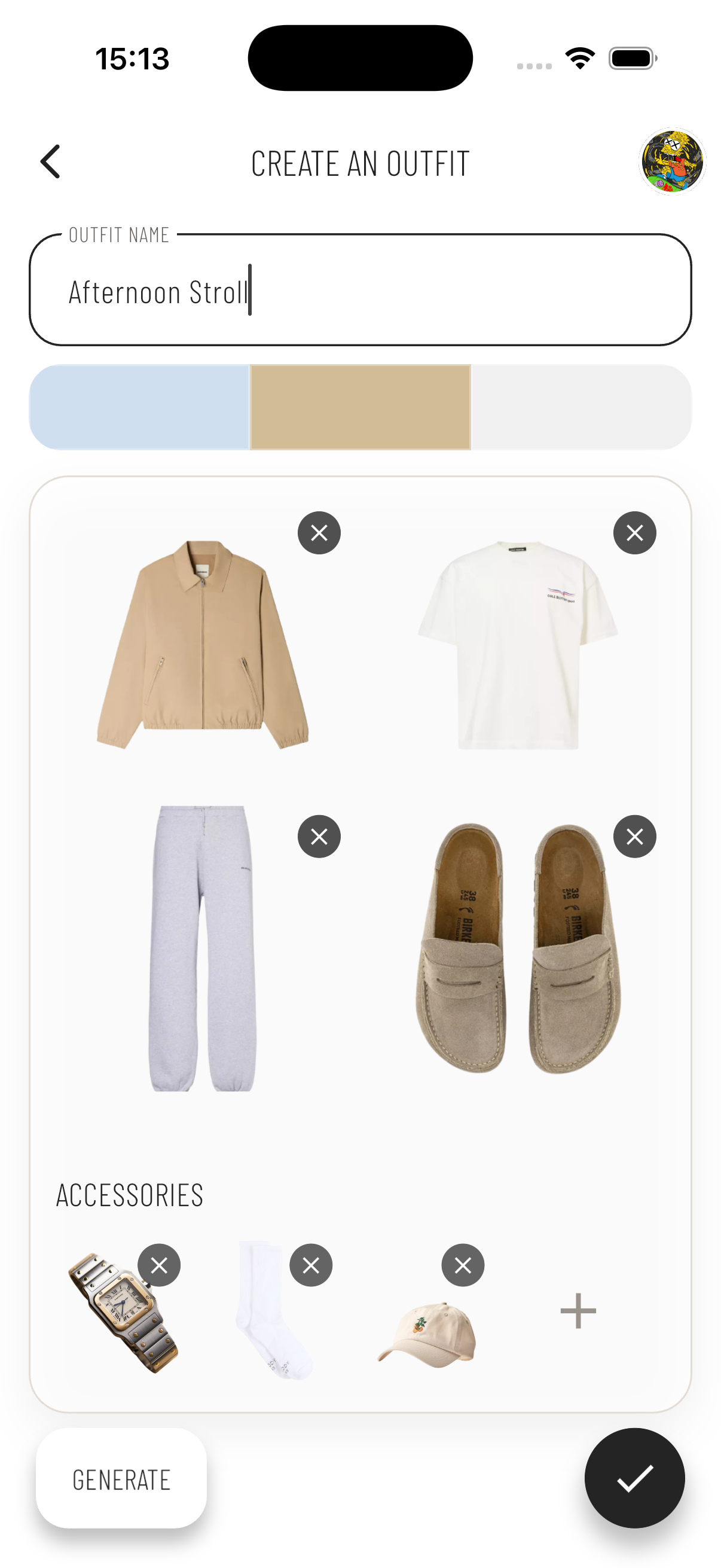 Create an outfit screen in Drobe with Afternoon Stroll outfit filled with garments and accessories