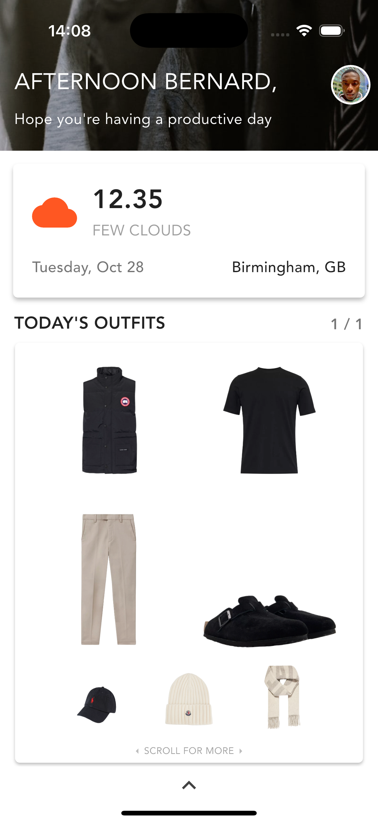 Drobe daily dashboard with weather, outfits and quick actions