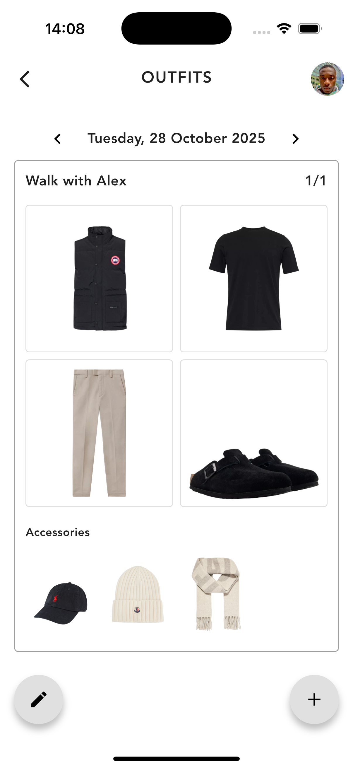 Drobe outfit planner showing a complete look with accessories