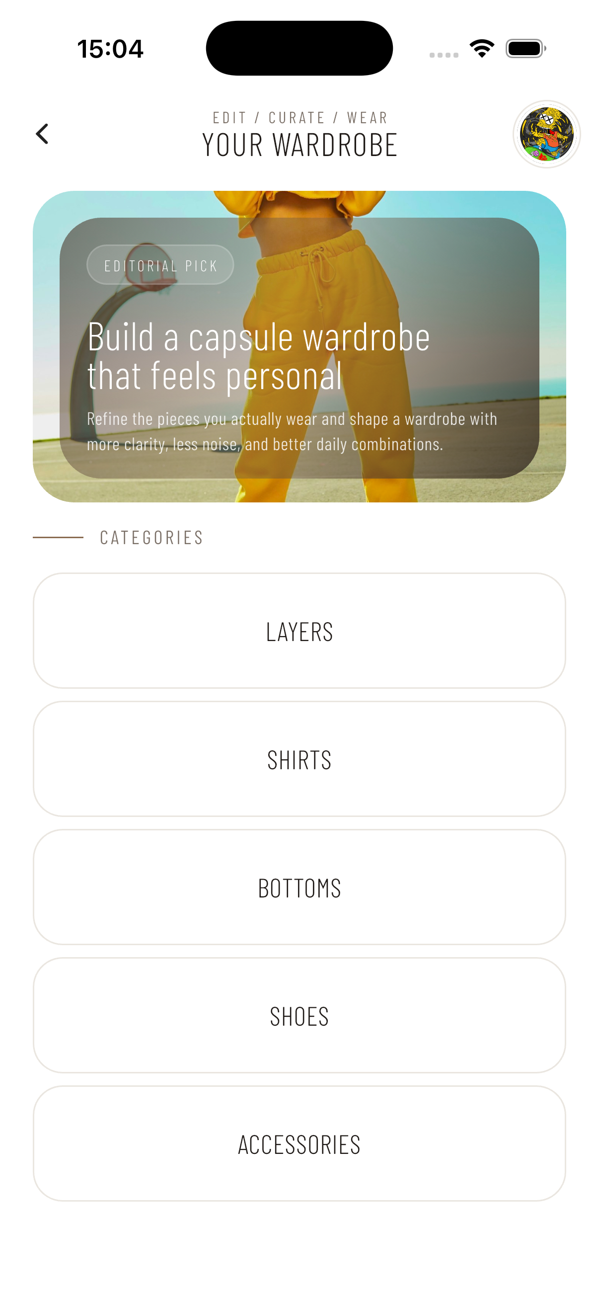 Drobe wardrobe home screen showing editorial banner and category list
