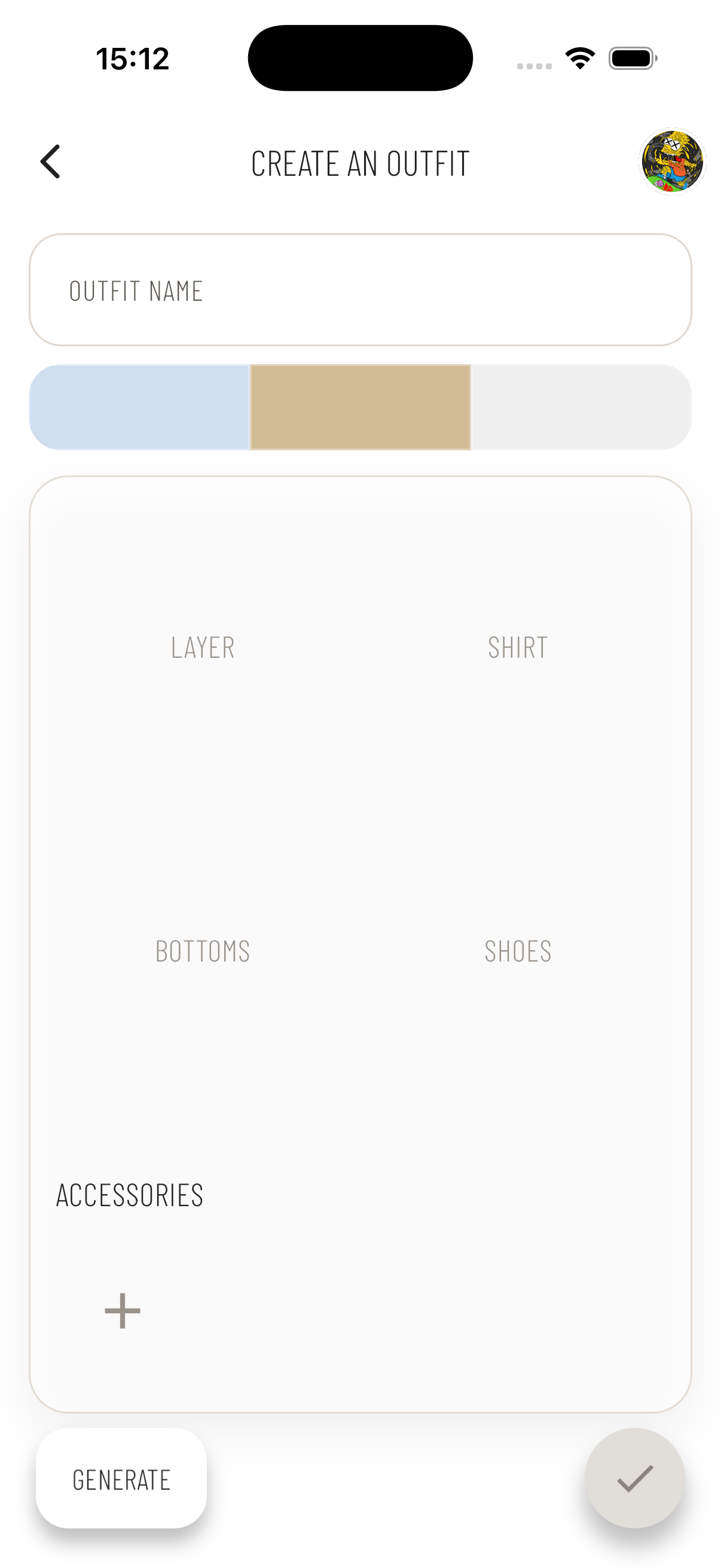 Create an outfit screen in Drobe showing empty slots for layer, shirt, bottoms, shoes and accessories