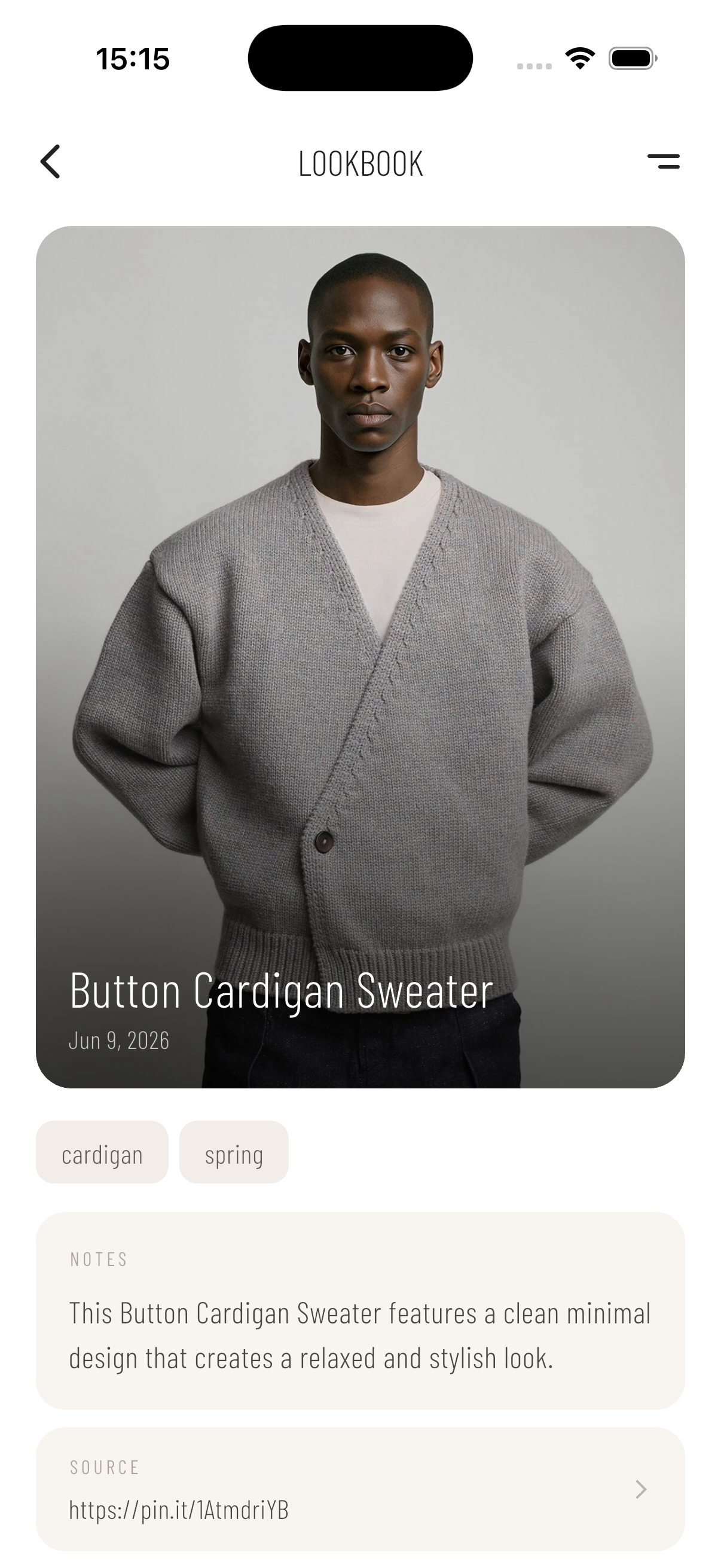 Drobe lookbook detail view showing a Button Cardigan Sweater post with notes and source link