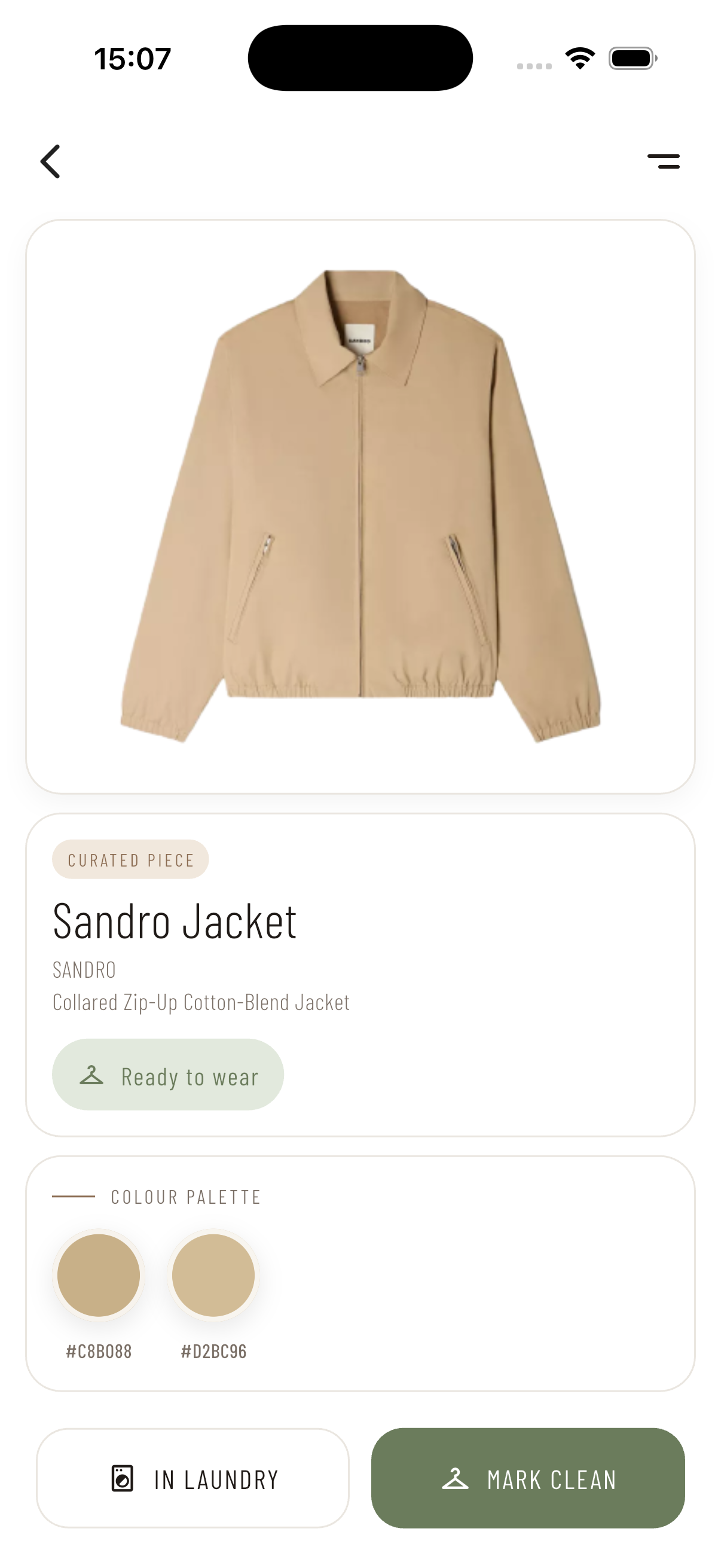 Drobe item detail screen showing a Sandro jacket with status and colour palette